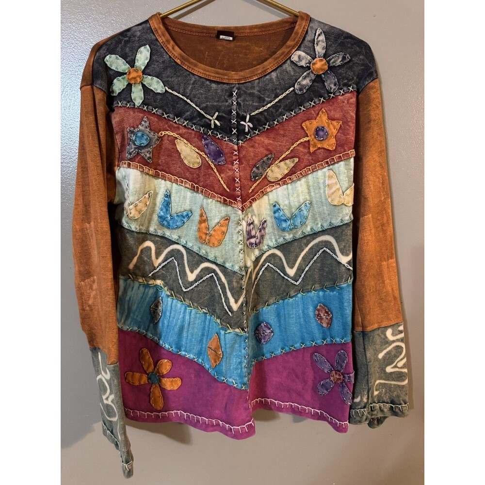 KPC Nepal Floral Patchwork Boho Hippie Long Sleeve Shirt Size XXL (like Large)